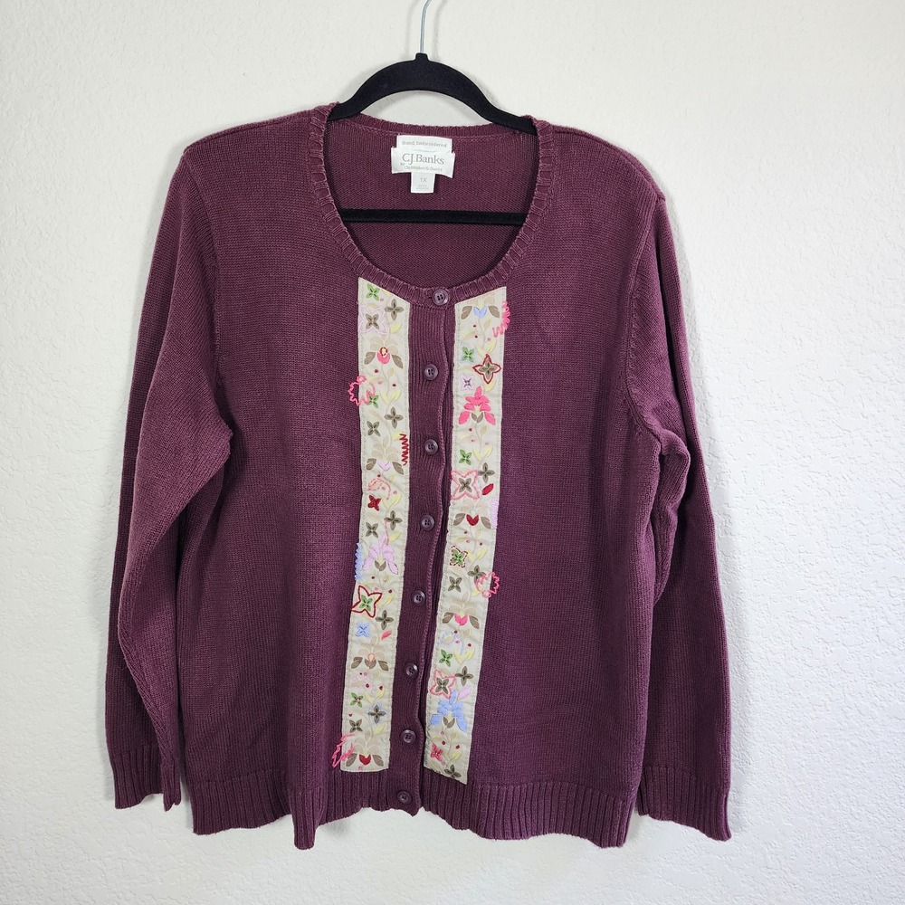 Christopher & Banks Hand Embroidered Floral Cardigan Women's Plus 1X Cotton